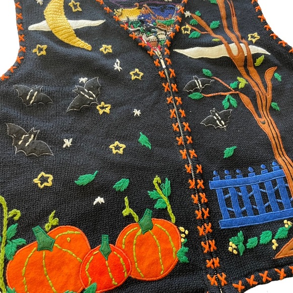 Hampshire Studio Halloween Pumpkins Bats Scarecrow Zip Up Vest Medium - Picture 2 of 5